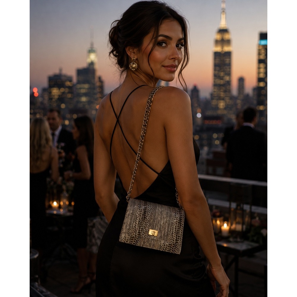 NWT Elliott Lucca Cordoba Shoulder Bag Brown Snakeskin Leather Gold Chain #1115